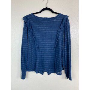 Wrap London Blue Metallic Striped Linen Blend Long Sleeve Ruffle Top Size‎ 10